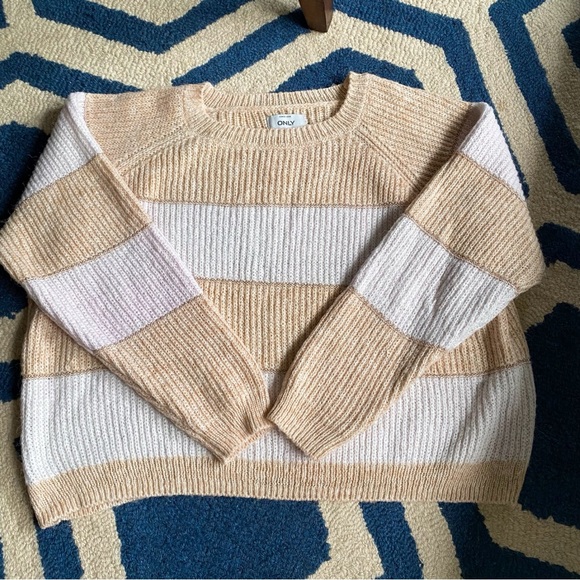 🍂 ONLY IVORY TAN METALLIC STRIPE CHUNKY KNIT SWEATER! - Picture 6 of 16
